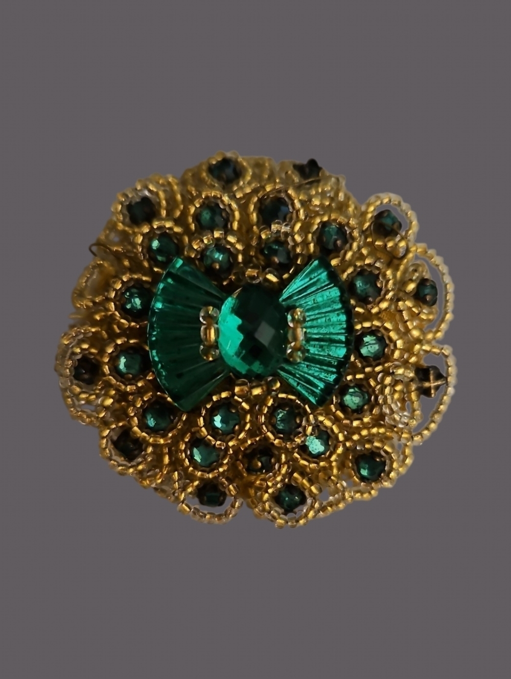Vintage Hand Beaded Emerald Green and Gold Floral Holiday Brooch